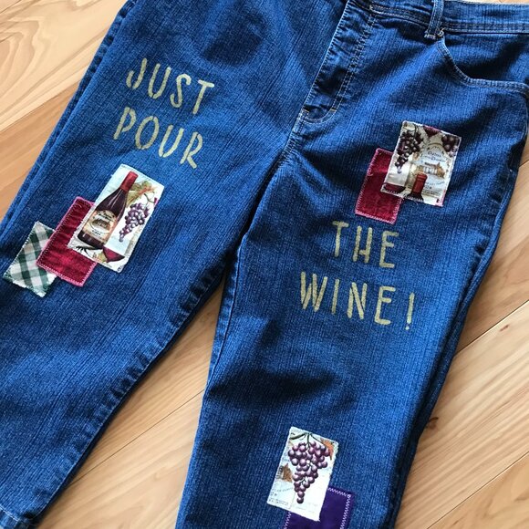Upcycled Gloria Vanderbilt Patchwork Denim Capris Shorts, Painted Wine Theme, 14 - Picture 14 of 14